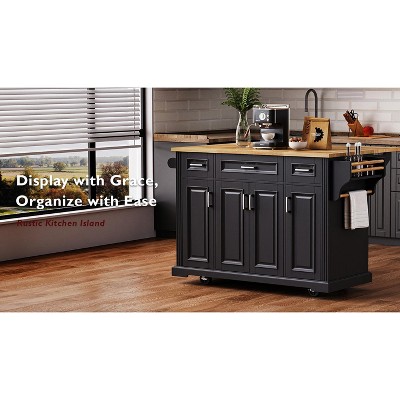 VYNXARIA K&K 54" Black Kitchen Island with Drop Leaf, Storage & Rolling Wheels