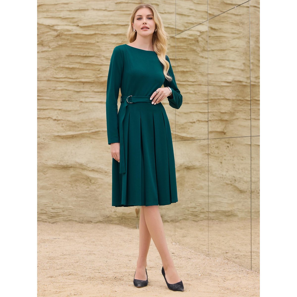Женские платья INSPIRE CHIC Women's Long Sleeve Pleated Crew Neck Belted Office Work A-Line Dress Blue Green X-Large — фото 3