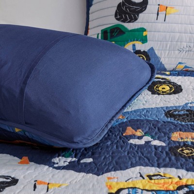 Blue Monster Truck Microfiber Reversible Twin Quilt Set