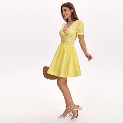 Женские платья Wild Fable Women's Puff Short Sleeve Lace Jacquard Fit and Flare Mini Dress - Wild Fable™ Light Yellow L — фото 4