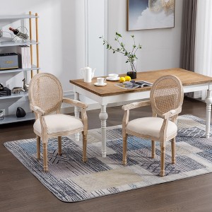 Gulches Set of 2 Beige French Vintage Dining Armchairs, Polyester Upholstered Cane Rounded Backrest with Weathered Rubberwood Frame for Dining Room - 1 of 4