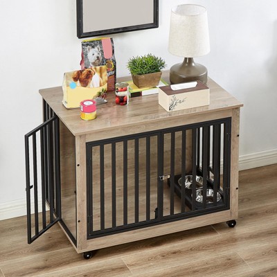 GustoWave Dog Crate Furniture with Pull-Out Dog Bowls, Heavy Duty Wooden Dog Kennel with Double Doors, Flip-Top & Wheels