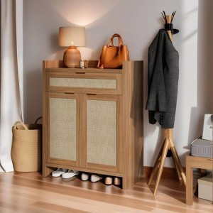 Farmhouse Rattan Shoe Cabinet with Doors, 5-Tier Wooden Shoe Storage Organizer with Shelves, Boho Style Shoe Rack for Entryway, Living Room, Closet - 1 of 4