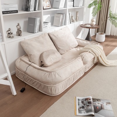 Upholstered Human & Pet Bean Bag Sofa, 5-Position Adjustable Backrest with Massage Pillow, Velvet Floor Couch with 2 Soft Pillows for Adults & Pets