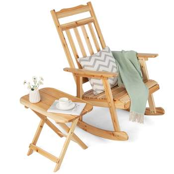 Costway 2PCS Patio Wooden Rocking Chair Bistro Set High Backrest W/Folding Side Table