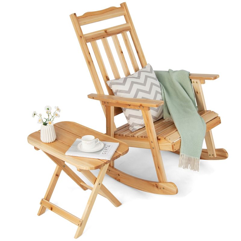Costway 2PCS Patio Wooden Rocking Chair Bistro Set High Backrest W/Folding Side Table, 1 of 9