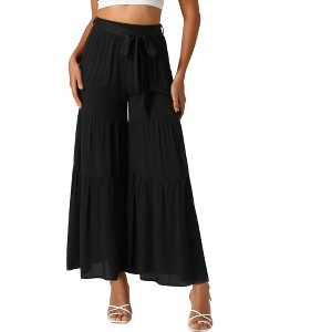 INSPIRE CHIC Women's Boho Elastic High Waist Tie Belt Ruffle Hem Wide Leg Palazzo Pants - 1 of 4