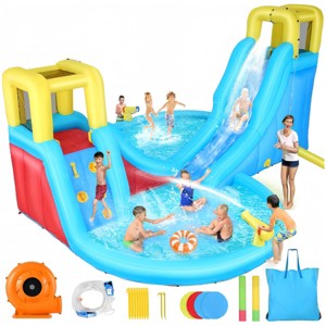HOMDOX 185" × 175" × 90" Mega Inflatable Water Slide Park Heavy-Duty for Kids Backyard 2 Pools + 2 Slides + Climbing Wall + Water Cannon + Air Blower - 1 of 4
