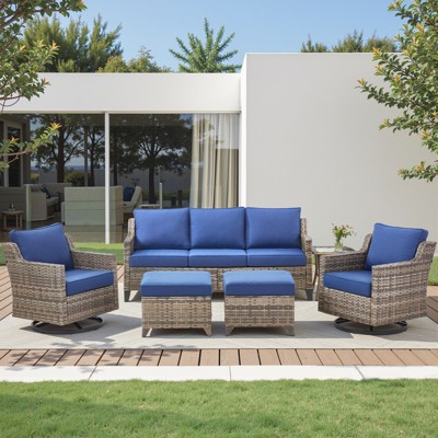 Buenhomino 6 Piece Patio Conversation Sets with Sofa Couch, Rattan Wicker Swivel Chairs with 2 Ottoman, Coffee Table & Cushions, Outdoor Furniture Set