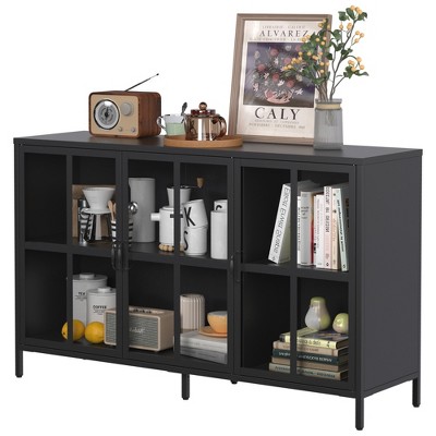 TiramisuBest Metal Sideboard Cabinet with 4 Glass Doors, Steel Locker Buffet Cabinet for Kitchen, Coffee Bar & Living Room, Black