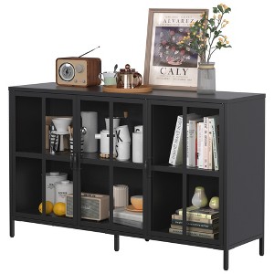 TiramisuBest Metal Sideboard Cabinet with 4 Glass Doors, Steel Locker Buffet Cabinet for Kitchen, Coffee Bar & Living Room, Black - 1 of 4