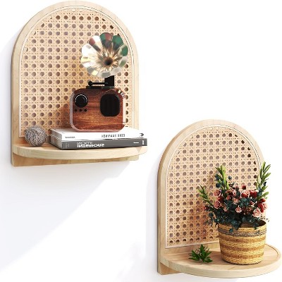 Attop Rattan Shelves Set of 2, 7 Inch Natural Rattan Shelves with Wicker Trim, Bohemian Style Wall Decor Small Floating Shelves, Mini Shelves