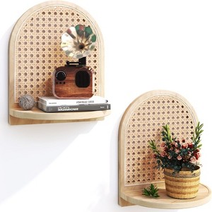 Attop Rattan Shelves Set of 2, 7 Inch Natural Rattan Shelves with Wicker Trim, Bohemian Style Wall Decor Small Floating Shelves, Mini Shelves - 1 of 4