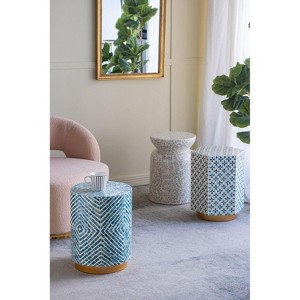 Kumasinova 14x14x18" Decorative Round Accent End Table,2-In-1 MDF Stool with Blue&White Capiz Design&Gold Pedestal Base for Living Room - 1 of 4