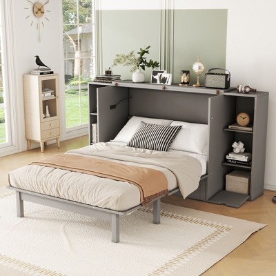 NicBex Full Size Murphy Bed Wooden Bed Frame Morden Hideaway Wall Bed with Shelves, 2 Drawers and USB Ports for BedRoom