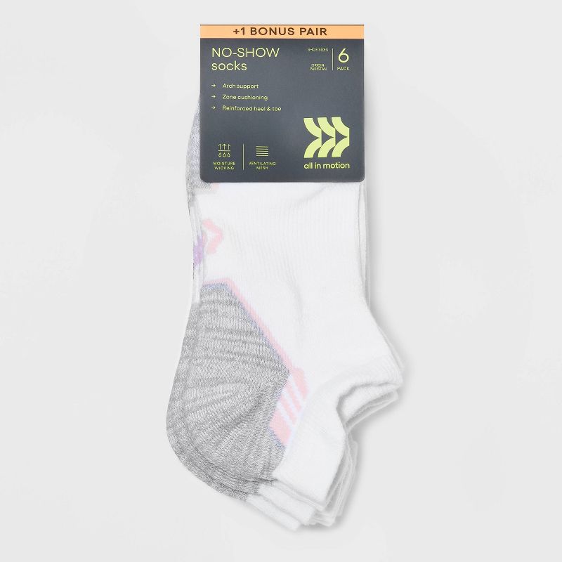 Women&#39;s Cushioned Active Striped 6+1 Bonus Pack No Show Tab Athletic Socks - All In Motion&#8482; White 4-10, 4 of 5