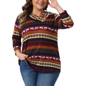 Women's Plus Size Comfy Knit 3/4 Sleeve V Neck Stripe Boho Casual Blouse - Agnes Orinda - 1 of 4