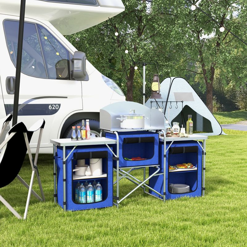 Outsunny Camping Kitchen Table, Portable Folding Camp Kitchen, Aluminum Cook Station with 3 Fabric Cupboards, Windshield, Carrying Bag, Blue, 3 of 7