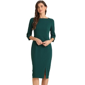 INSPIRE CHIC Women's Elegant Boat Neck 3/4 Sleeves Work Midi Split Sheath Dress - 1 of 4