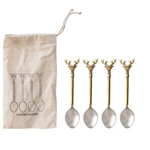 Storied Home Stainless Steel and Brass Spoons with Gold Finish Reindeer Handles, Set of 4 in Printed Drawstring Bag - 1 of 3
