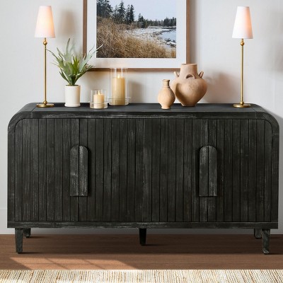 59"W Vertical Wood Grain Carving Cabinet,Curved Vintage Sideboard Storage Cabinet With Adjustable Shelves And Large Wooden Handles-Maison Boucle