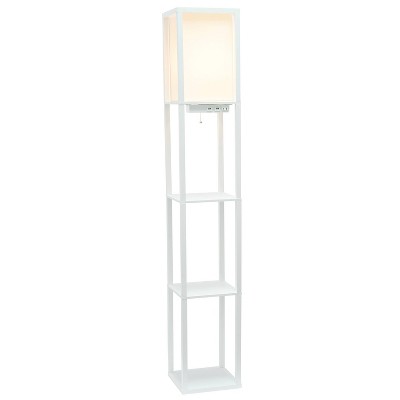 White Wood Floor Lamp with Shelves and Linen Shade