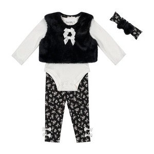 Nicole Miller Baby Girls 4 Piece Faux Fur Vest Set Egret/Black - 1 of 4