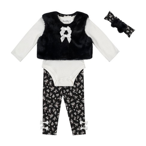 Nicole Miller Baby Girls 4 Piece Faux Fur Vest Set Egret black Target