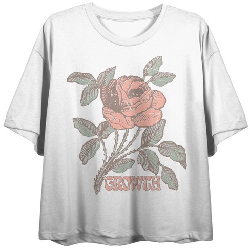 Vintage Rose Growth Crew Neck Short Sleeve Women's White Crop T-shirt-XS