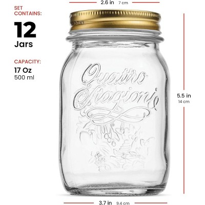Set of 12 Clear Glass Airtight Mason Jars, 17 oz.