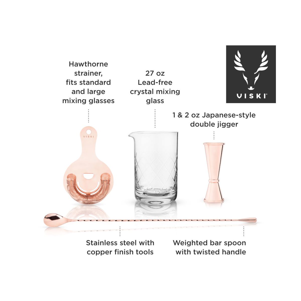 Viski 4-Piece Bartender Kit for Craft Cocktails, Coffee & Dessert Cocktails, Bar Essentials, Mixing Glass, Strainer, Double Jigger & Barspoon, Copper - thumbnail 2