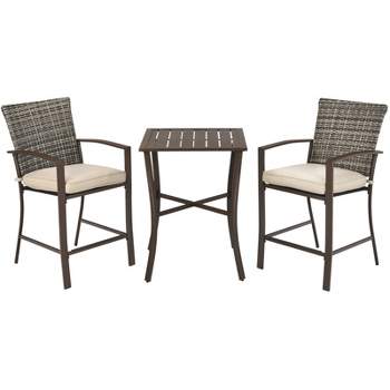 Tangkula 3-Piece Patio Rattan Furniture Set Outdoor Bistro Set Cushioned Chairs & Table Set Gray/Brown