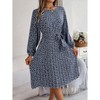 Coolmee Women Casual Smocked Crew Neck Floral Long Sleeve A-Line Swing Midi Dress With Belt - 4 of 4