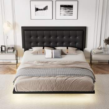 Queen Size Floating Bed Frame With Motion Activated Night Lights, Modern PU Upholstered Button Tufted Platform Bed Frame