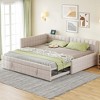 Full Size Upholstered L-Shaped Daybed with Twin Pop-Up Trundle and USB Ports, Square-Block Velvet Sofa Bed Frame, Beige/Gray - ModernLuxe - 3 of 4