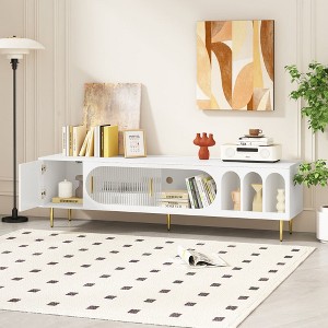 Chic Crate - 70" Modern Media Console w/ 3 Open Shelves & 2 Cabinets - Slim TV Stand for Living Room - Smoked Oak & Black Metal - 1 of 4