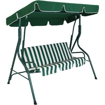 Sunnydaze 2-Person Outdoor Patio Swing with Adjustable Canopy Shade, Cushions and Pillow, Green Stripe