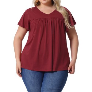 Agnes Orinda Women's Plus Size V Neck Ruffle Short Sleeve Boho Floral Casual T-Shirt - 1 of 4