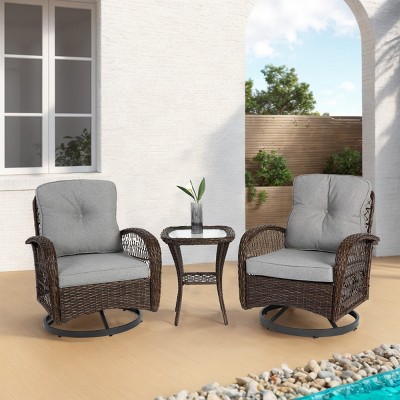 3-Piece Outdoor Swivel Rocker Patio Set – 360° Rotating Chairs with Cushions And Tempered Glass Table-Maison Boucle