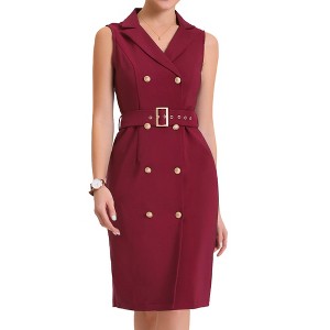 Allegra K Women's Sleeveless V Neck Notched Lapel Double Breasted Belted Work Office Dress - 1 of 4