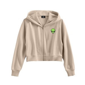 Dalix Alien Embroidered Fleece Cropped Zip Hoodie Cold Fall Winter Womens - 1 of 4