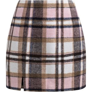 Women's Plaid Mini Skirt - High Waist Bodycon Pencil & A-Line Skirt for Fall/Winter 2025 Light Brown - 1 of 4