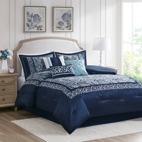 Blue And Pink Stripe Navy Blue Comforter Set With Bag, Comforter, And Sheets  Queen And King Size From Hu10, $33