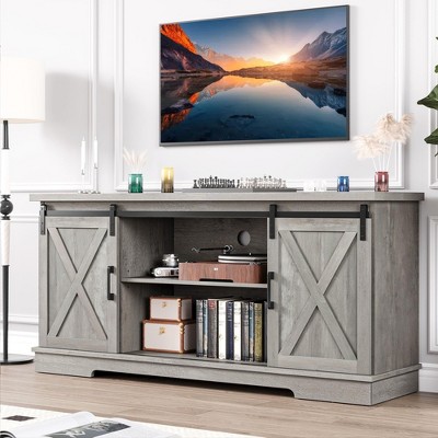 Homhougo Farmhouse TV Stand for 65 Inch TV, Entertainment Center with Storage and Sliding Barn Doors(Gray Wash) Gray