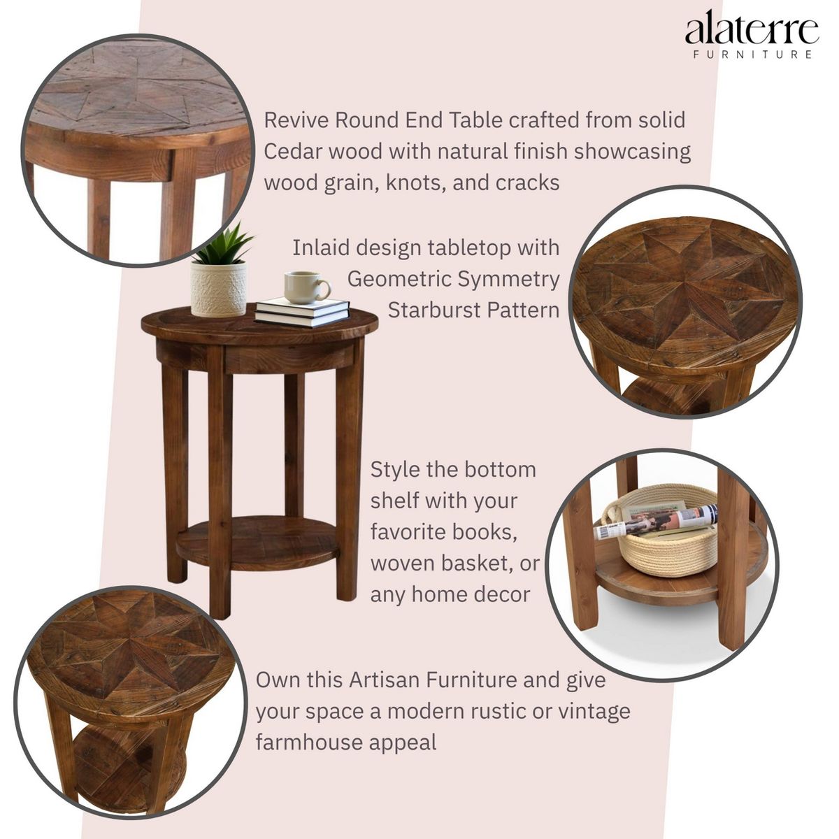 Alaterre Furniture 20-inch Round End Table, Natural, Living Room Furniture, Storage & Shelf - thumbnail 3