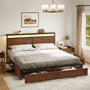 WOWLIVE Queen/Full/King Size Bed Frame with 4 Drawers, Modern bed with LED Light and Charging Station, Storage Headboard, HB00 - 1 of 4