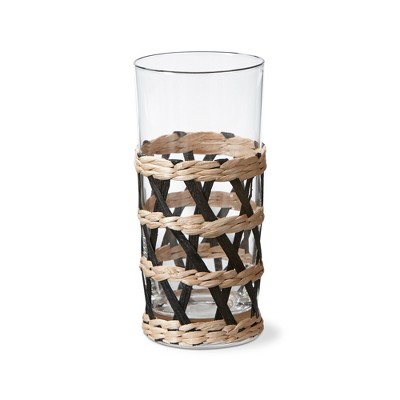 TAG Island Collection Clear Glass High Ball Glass Drinkware with Black and Natural Cattail Braided Sleeve 16 oz. Set 4