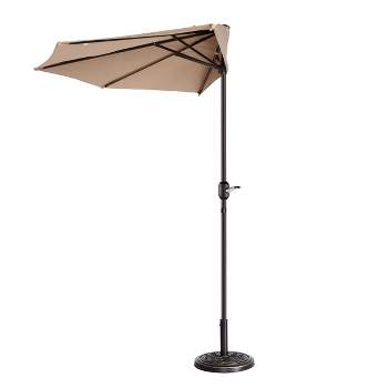 Half Round Patio Umbrella with Easy Crank – Compact 9ft Semicircle Outdoor Shade Canopy for Balcony, Porch, or Deck by Nature Spring (Beige)