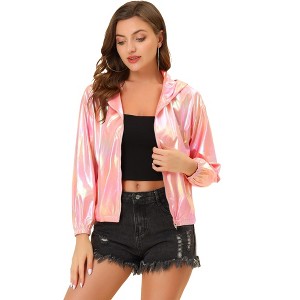 INSPIRE CHIC Women's Holographic Shiny Long Sleeve Zipper Hooded Metallic Jacket - 1 of 4