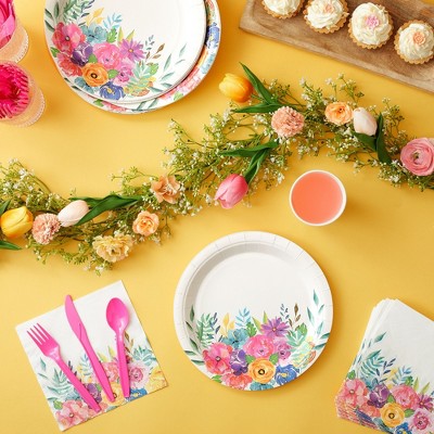 Floral 144-Piece Disposable Tea Party Set with Pink Cutlery